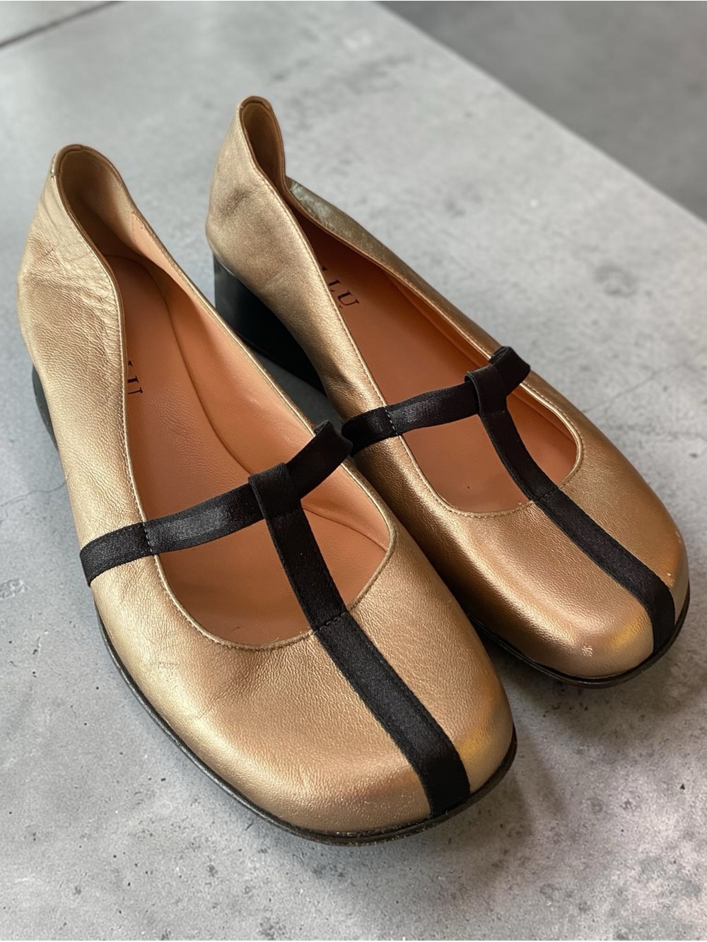 Anyi Lu Metallic Gold Mary Jane Flats with Black T-Strap